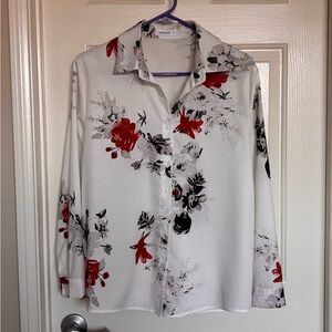 Women's Floral Button-Up Shirt - White and Red